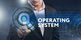 Business man working on the tablet of the future, select on the virtual display: operating system