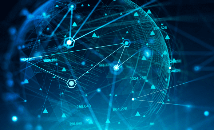 Linked nodes forming a spherical network.