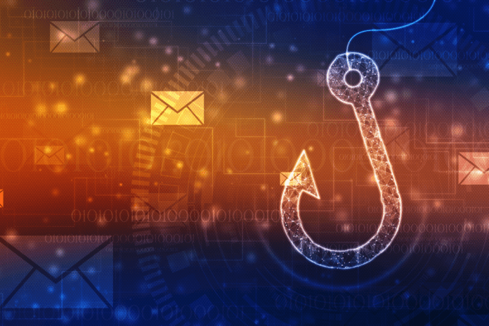 Digital hook surrounded by mail on a binary background.