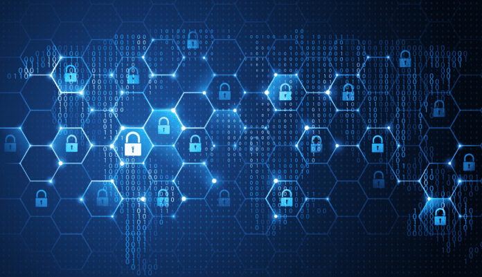 Vector rendering of a network of lock icons in a honeycomb pattern with a binary background.