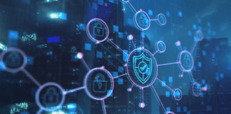 Main node with shield and check icon interconnected to different nodes with lock icons on a city background.