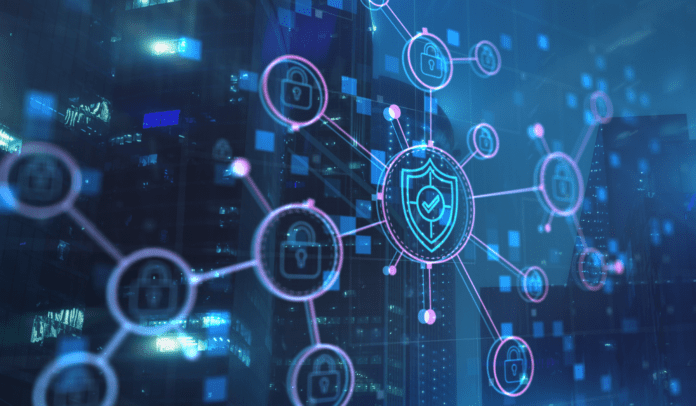 Main node with shield and check icon interconnected to different nodes with lock icons on a city background.