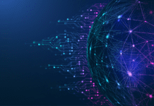 Half globe showing network of nodes with futuristic blue circuit board background in vector render.