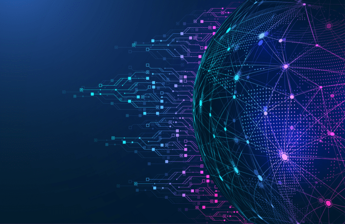 Half globe showing network of nodes with futuristic blue circuit board background in vector render.