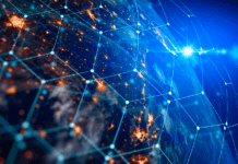 A virtual overlay of interconnected nodes over the globe.