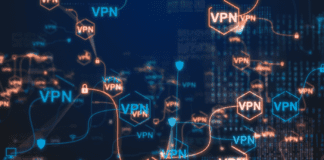 Virtual connected nodes labeled VPN with other icons related to VPN.