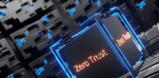 3D rendering of an obsidian cube with Zero Trust label on a high tech background.