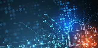 Vector illustration of a lock icon embedded in circuit.