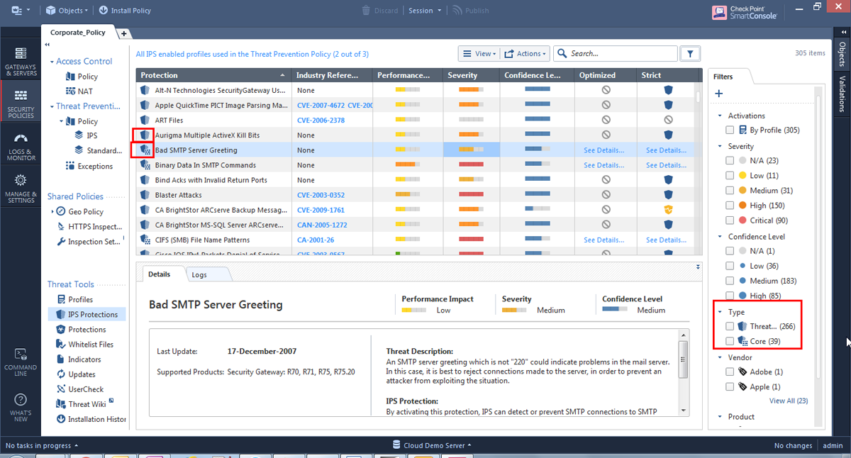 Check Point IPS smart console.