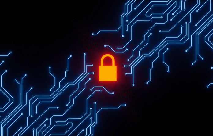 Orange lock icon within a circuit grid.