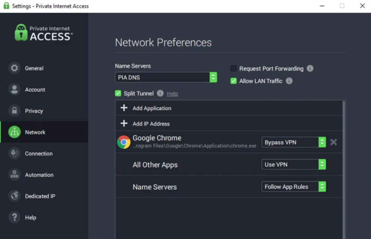 A screenshot of Private Internet Access interface.