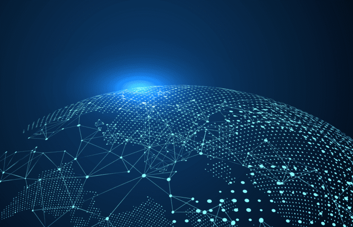 Virtual net of interconnected nodes covering a digital globe.