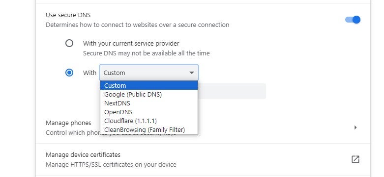 Google Chrome DNS setup.