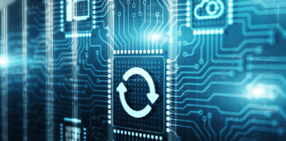 Virtual update software icons linked with integrated circuits on a data center background.