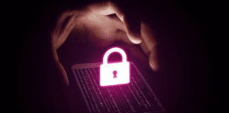 Hand holding a smartphone with a virtual lock icon.