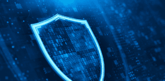 Digital Shield on abstract technology background.