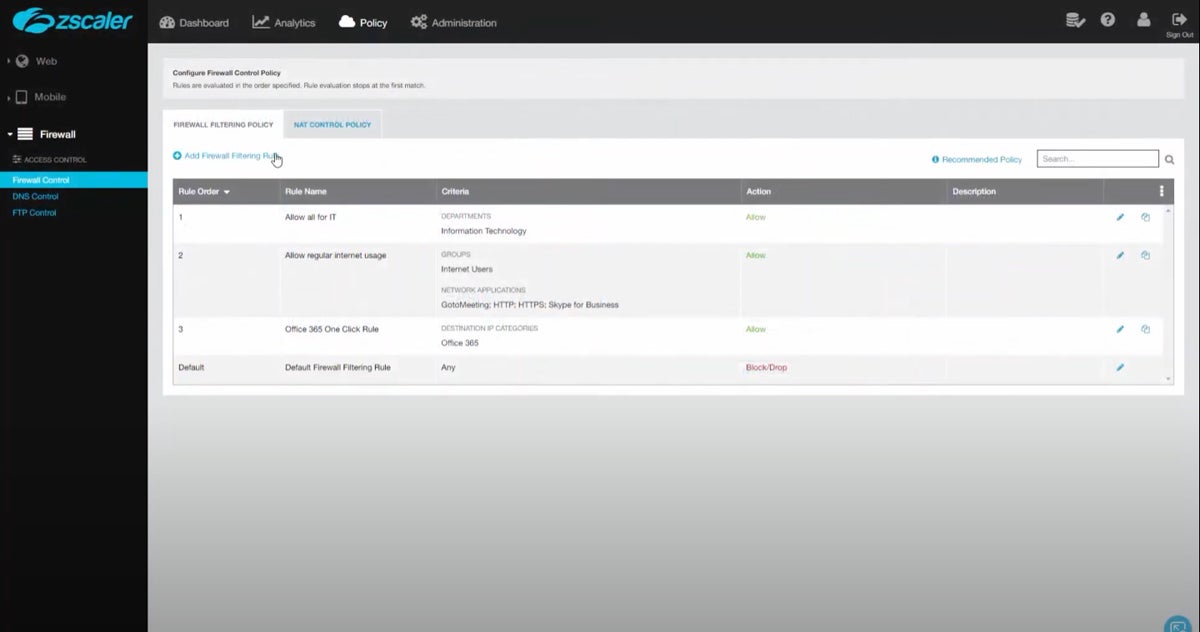 Zscaler Cloud Firewall interface.