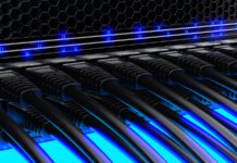 Modern network switch with cables.